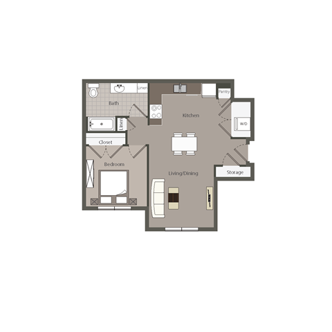 Floor plan for 1 bed, 1 bath, 675 sqft
